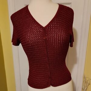 Vintage Emma James Cranberry-Burgandy Crochet Button-Up Sweater Shrug